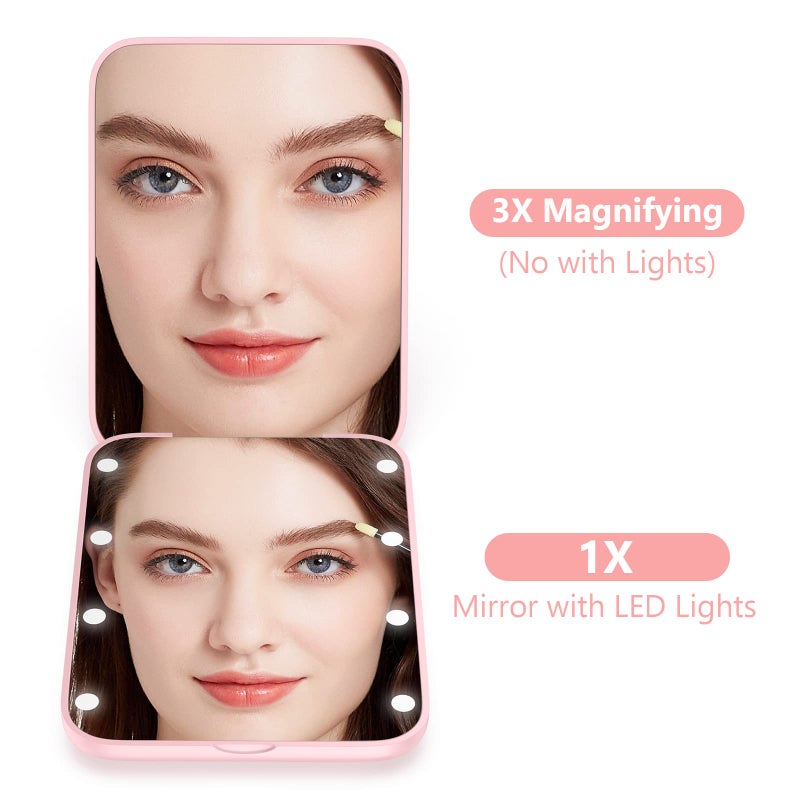 wobsion Small Mirror with Lights LED Compact Makeup Mirror 1x/3x Mini Travel Mirror with Magnification Portable Hand Held Mirror for Purse Pocket Gifts for Girls Pink - Image 2